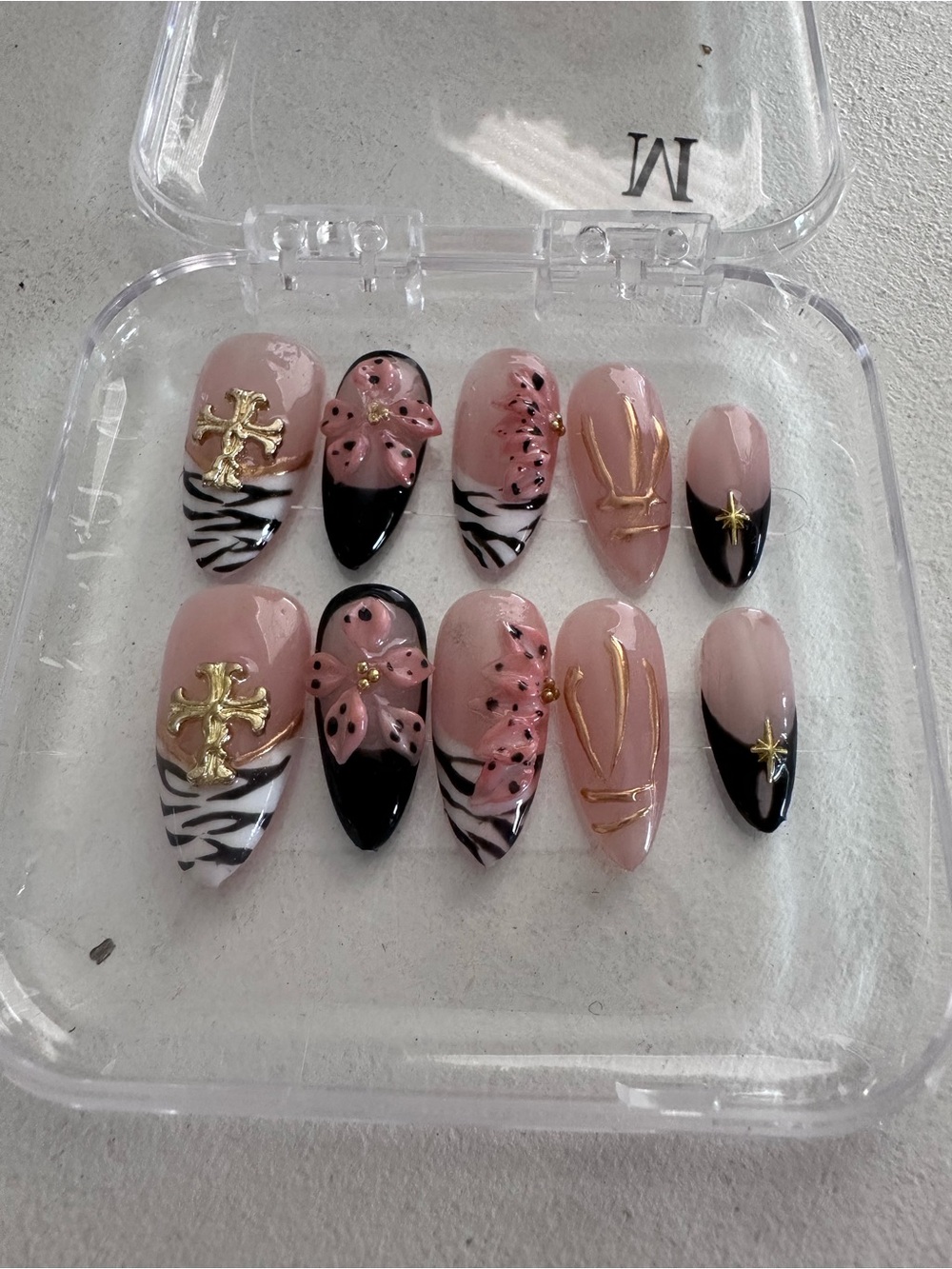 Handmade Edgy Glam Press-On Nail Set - Zebra Print, 3D Florals, & Gold Cross Cha